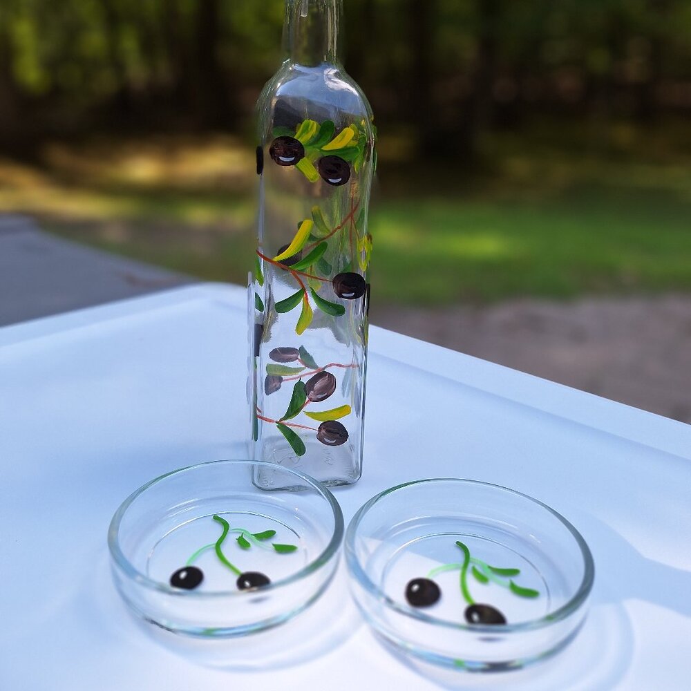 Hand Painted Olive Oil Bottle with Glass Dipping Dishes